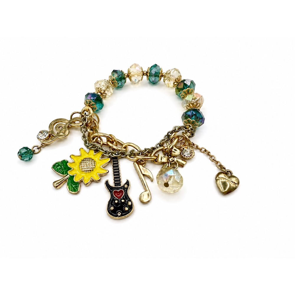 Vintage Betsey Johnson Music Charm Bracelet Sunflower Guitar G Clef Stretch